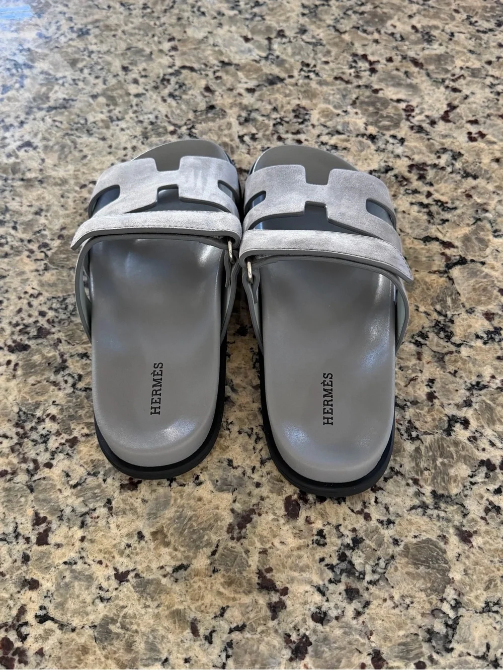 Hermes Grey Suede H-Logo Slide Sandals